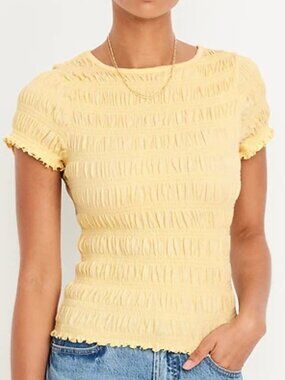 Old Navy Butter Yellow Slit-Neck Smocked Top L